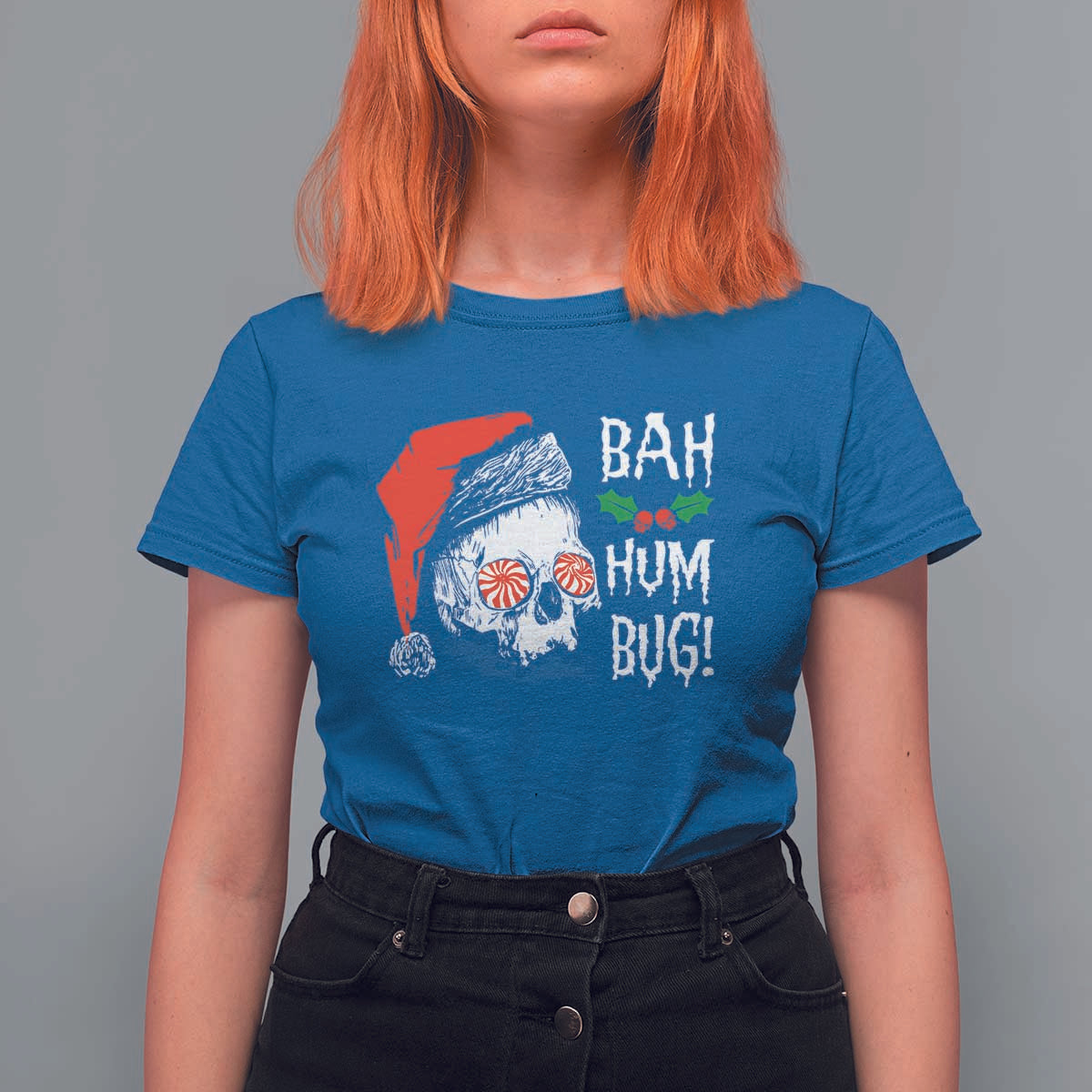 Christmas Bah Humbug Skull Santa Hat T Shirt For Women - Wonder Print Shop