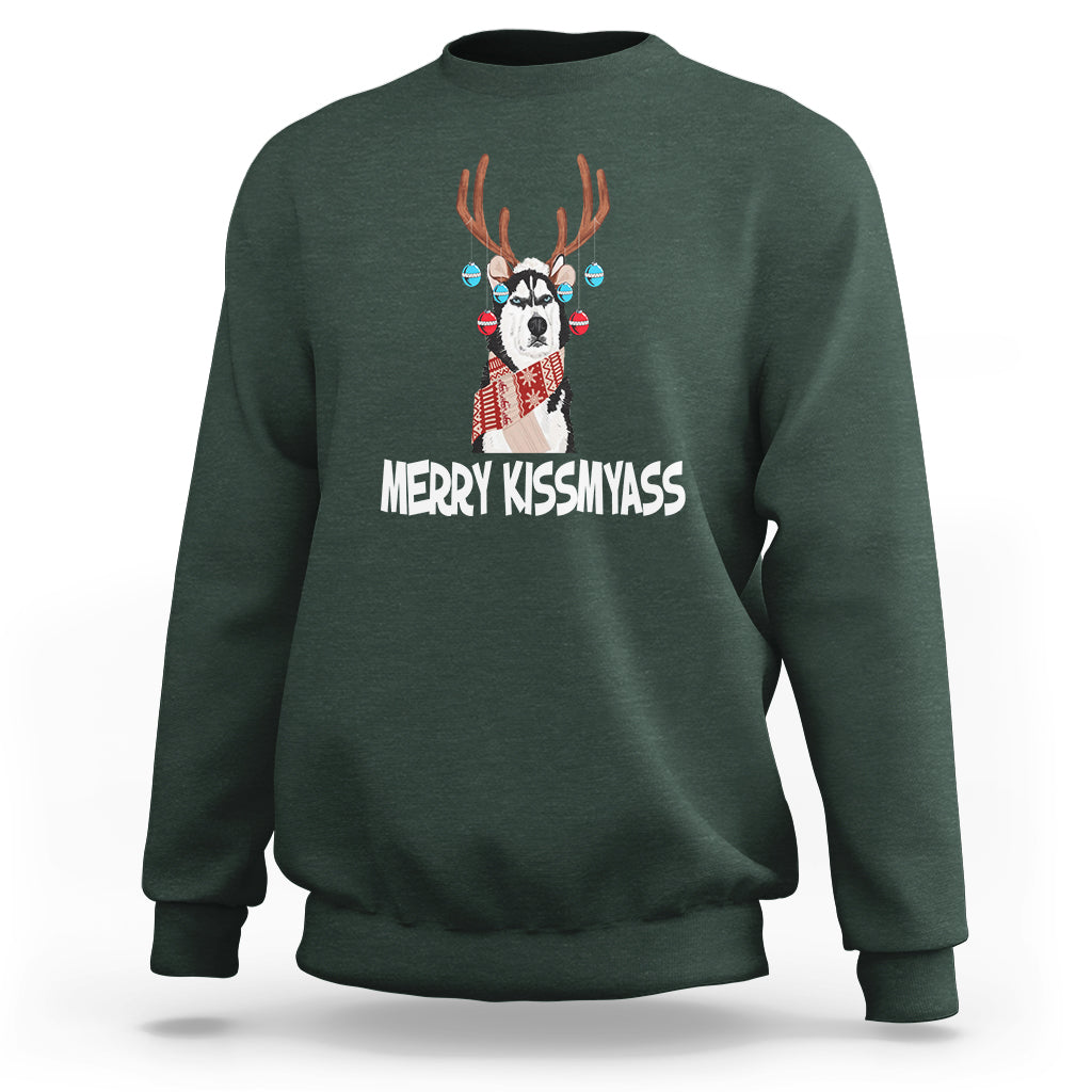 Christmas Sweatshirt Merry Kissmyasss Husky Reindeer Dog Lover - Wonder Print Shop