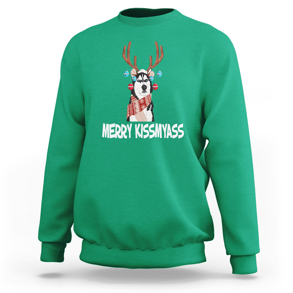 Christmas Sweatshirt Merry Kissmyasss Husky Reindeer Dog Lover - Wonder Print Shop