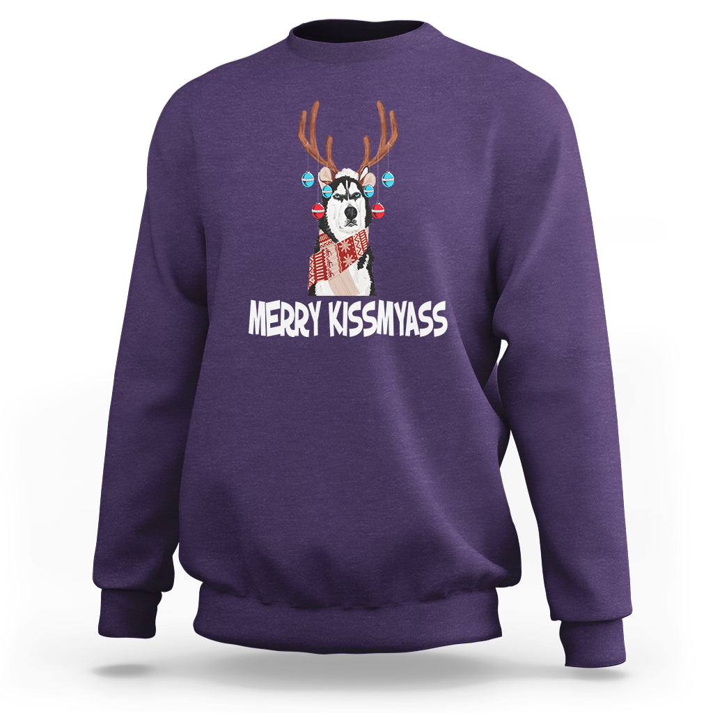 Christmas Sweatshirt Merry Kissmyasss Husky Reindeer Dog Lover - Wonder Print Shop