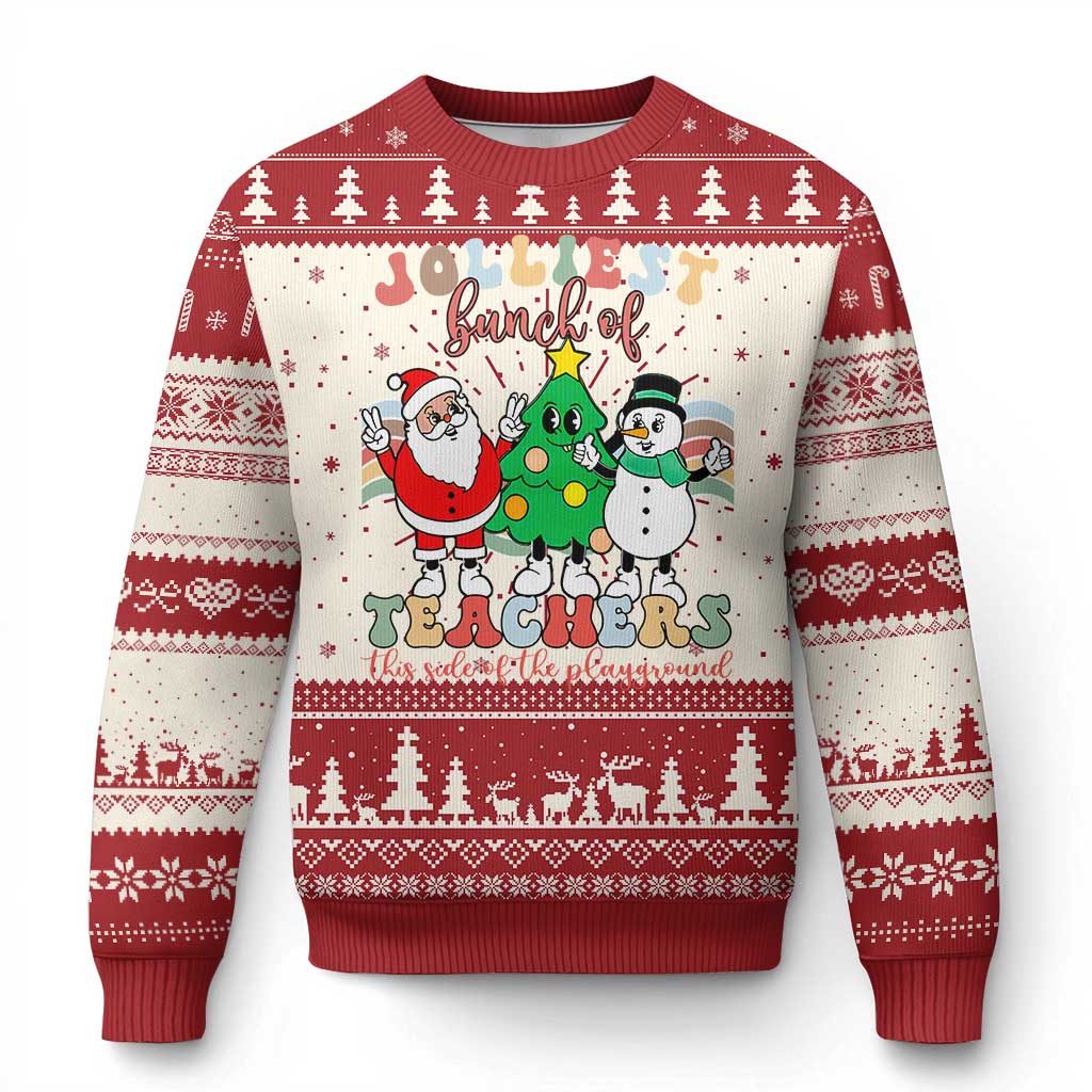 Groovy Xmas Teacher Ugly Christmas Sweater Jolliest Bunch Of Teachers This Side Of The Playground - Wonder Print Shop
