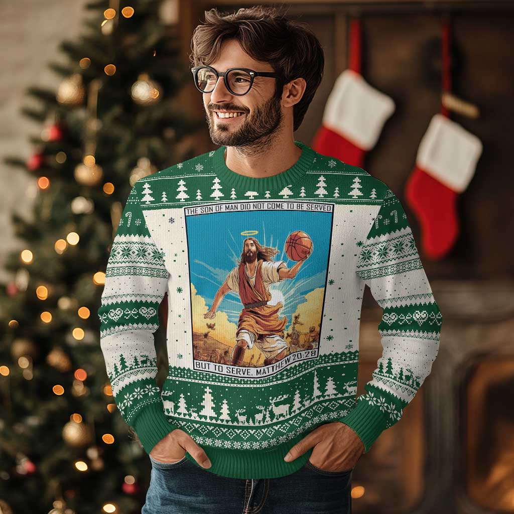Xmas Christian Jesus Baseketball Player Ugly Christmas Sweater The Son Of Man Did Not Come To Be Served But To Serve - Wonder Print Shop