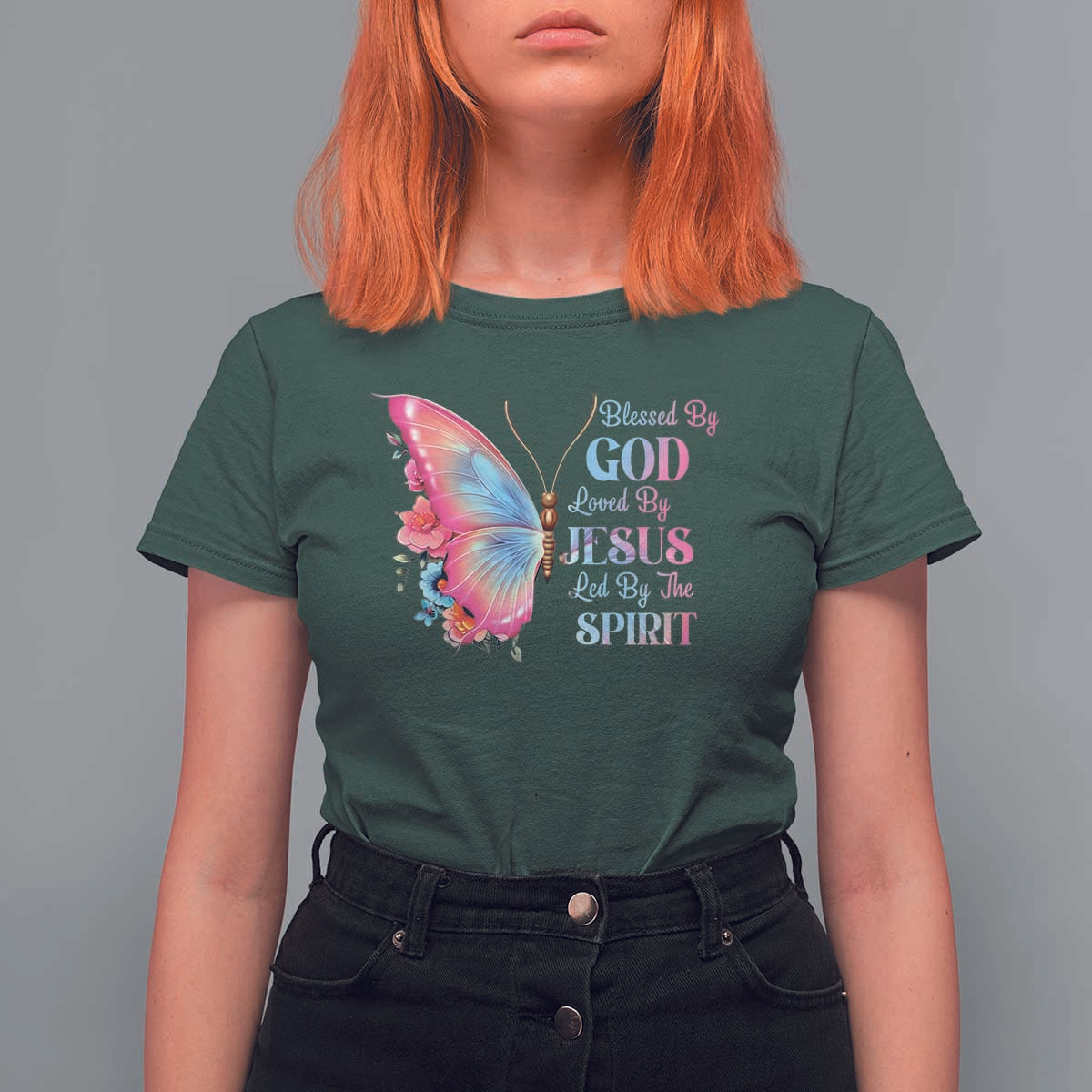 Christian T Shirt For Women Blessed By God Loved By Jesus Led By The Spirit - Wonder Print Shop