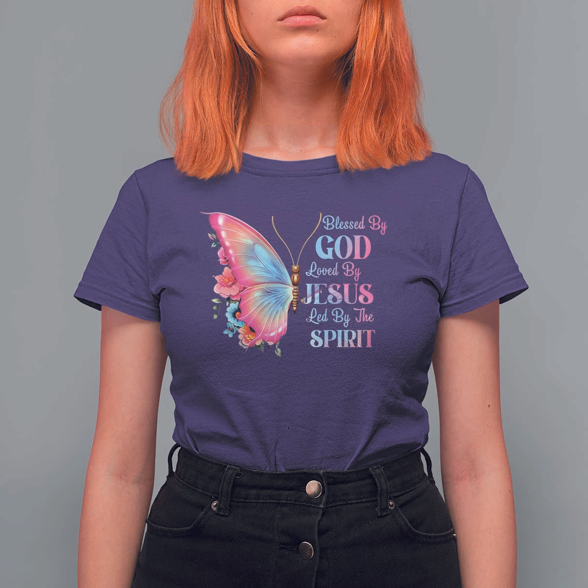 Christian T Shirt For Women Blessed By God Loved By Jesus Led By The Spirit - Wonder Print Shop