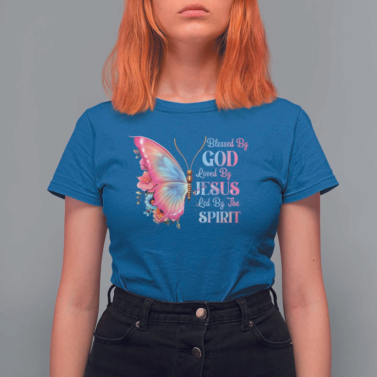 Christian T Shirt For Women Blessed By God Loved By Jesus Led By The Spirit - Wonder Print Shop