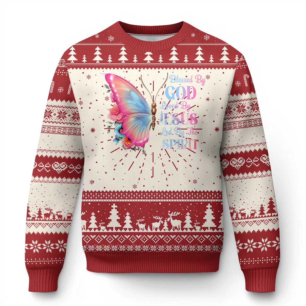 Christian Ugly Christmas Sweater Blessed By God Loved By Jesus Led By The Spirit - Wonder Print Shop
