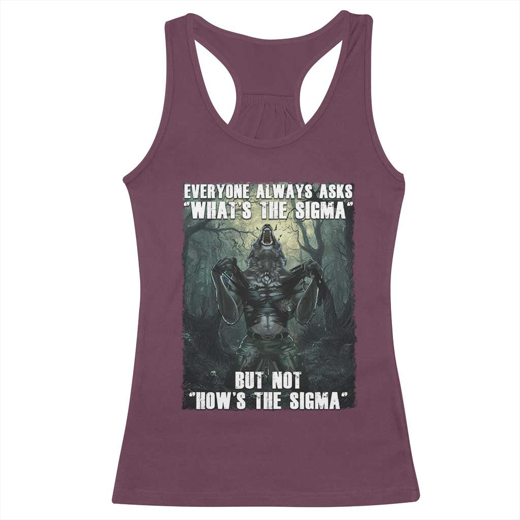 Funny Meme Wolf Alpha Racerback Tank Top Everyone Always Asks What's The Sigma But Not How's The Sigma
