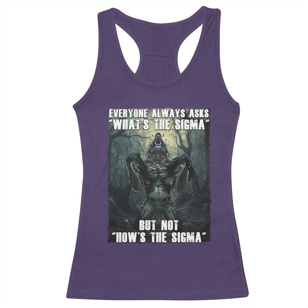 Funny Meme Wolf Alpha Racerback Tank Top Everyone Always Asks What's The Sigma But Not How's The Sigma
