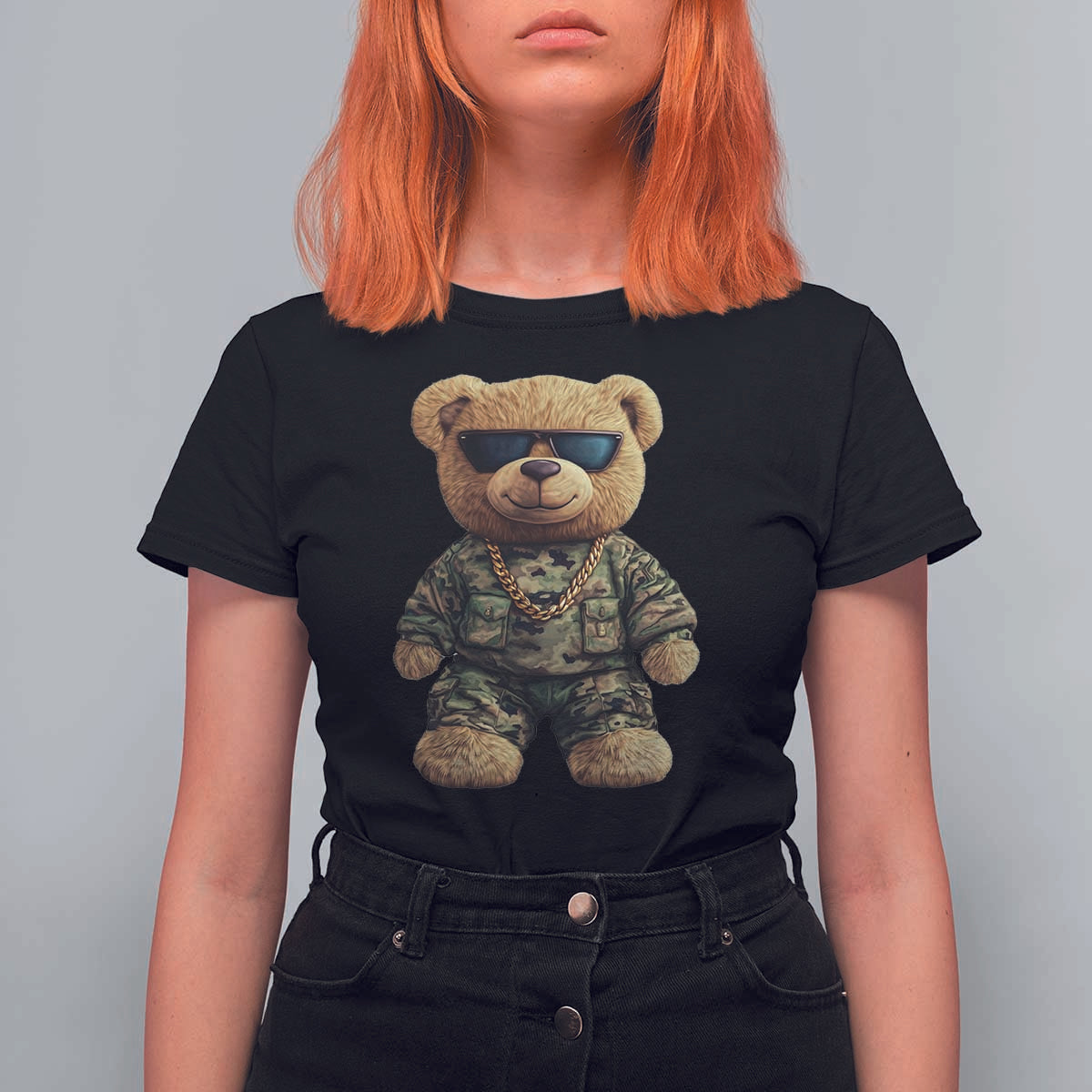 Camo Hip Hop Teddy Bear T Shirt For Women Camouflage Gangsta Streetwear