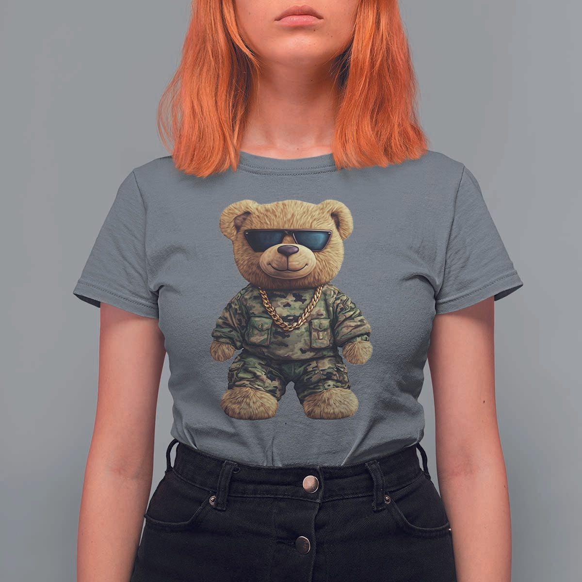 Camo Hip Hop Teddy Bear T Shirt For Women Camouflage Gangsta Streetwear