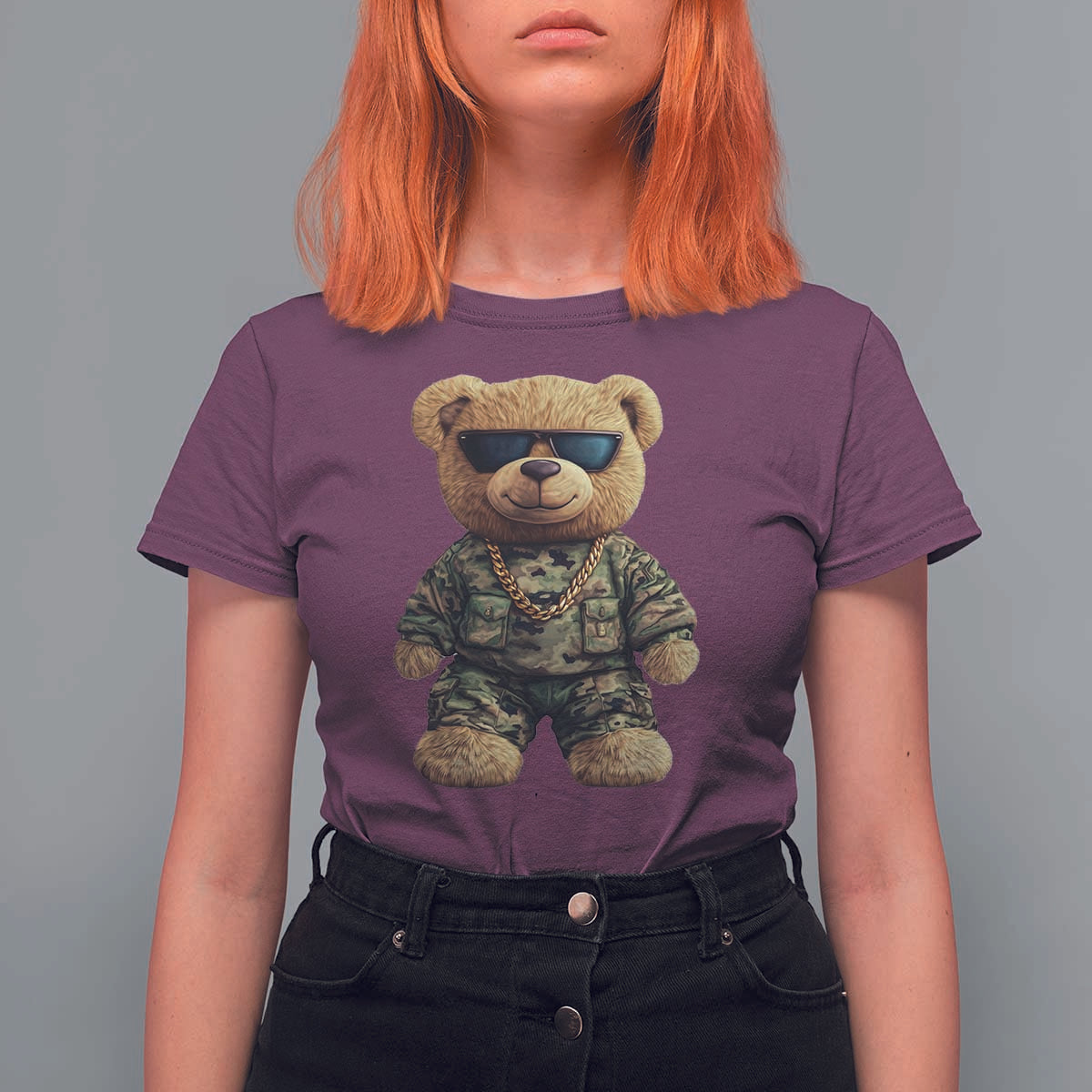 Camo Hip Hop Teddy Bear T Shirt For Women Camouflage Gangsta Streetwear
