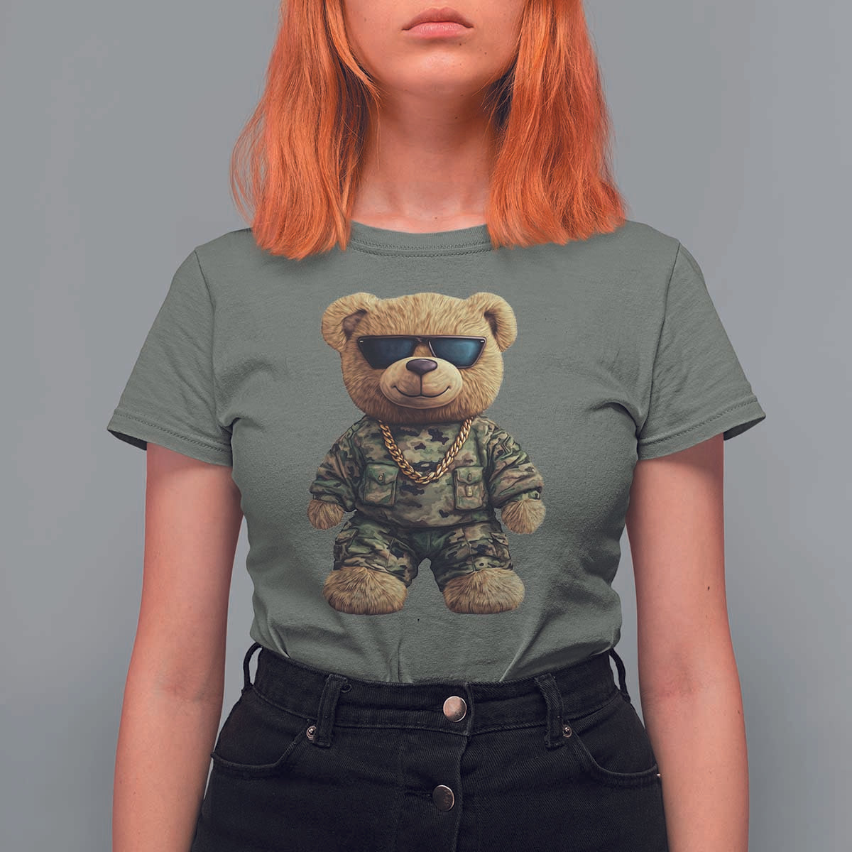 Camo Hip Hop Teddy Bear T Shirt For Women Camouflage Gangsta Streetwear