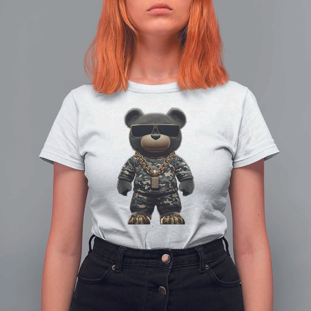 Hip Hop Teddy Bear T Shirt For Women Camouflage Gangsta Streetwear