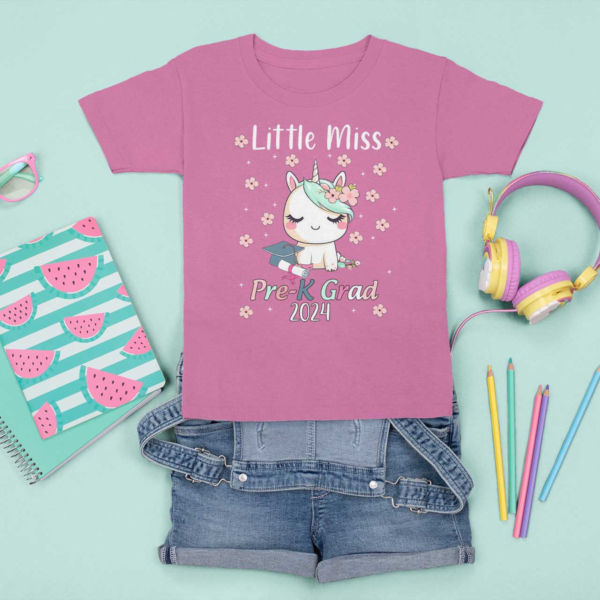 Pre-School Graduation T Shirt For Kid Little Miss Pre-K Grad 2024 Cute Unicorn - Wonder Print Shop