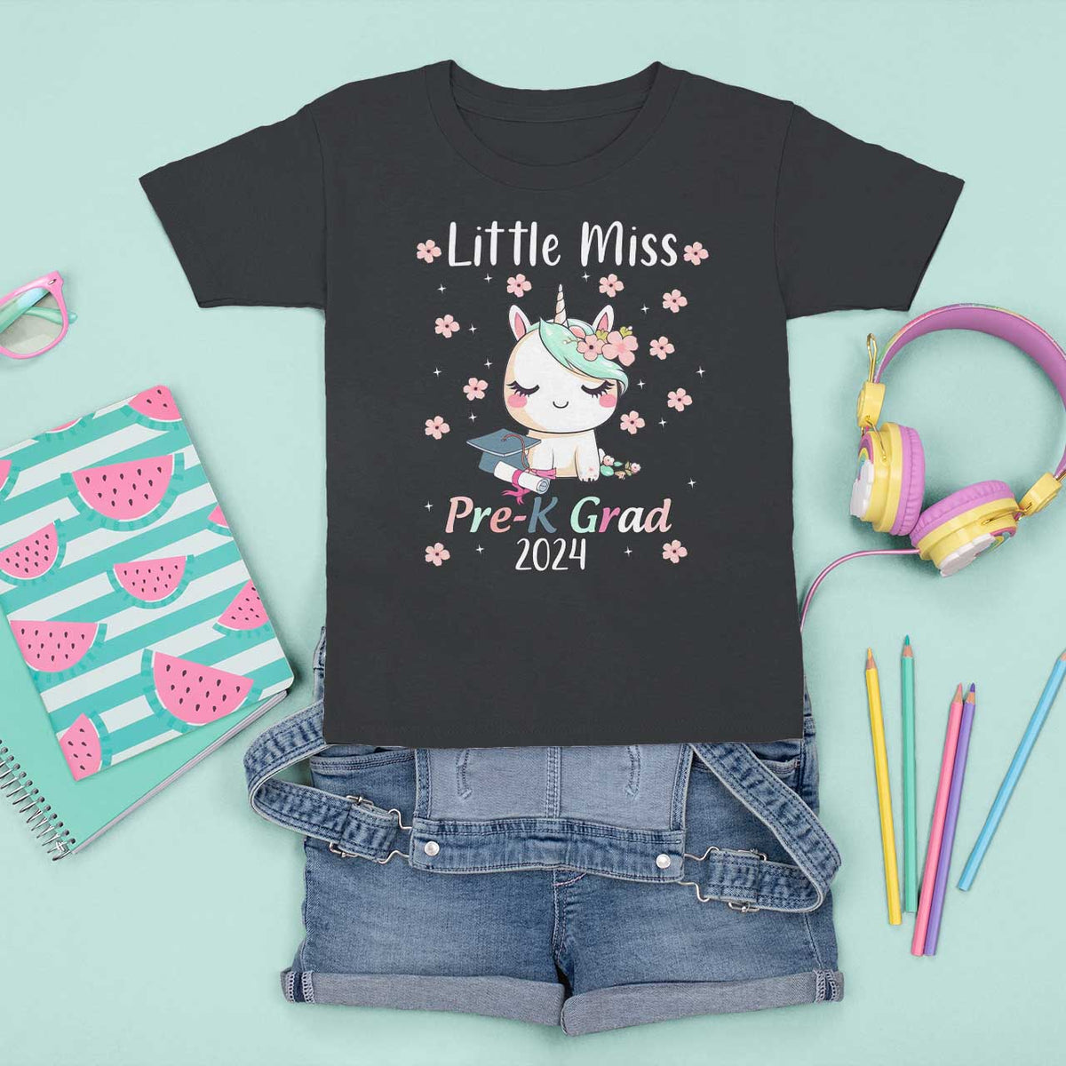 Pre-School Graduation T Shirt For Kid Little Miss Pre-K Grad 2024 Cute Unicorn - Wonder Print Shop