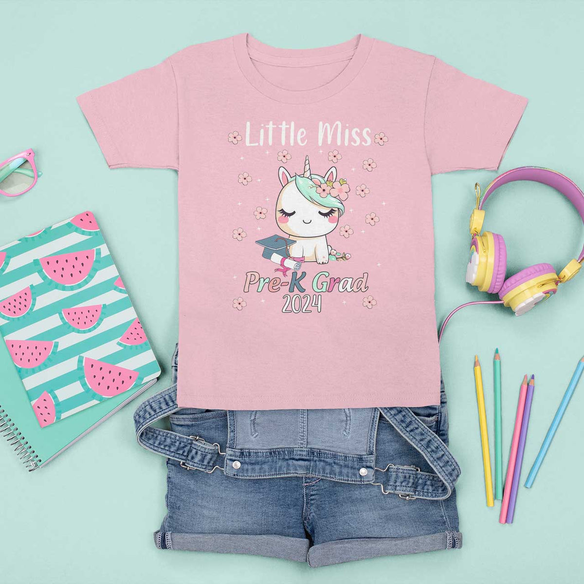 Pre-School Graduation T Shirt For Kid Little Miss Pre-K Grad 2024 Cute Unicorn - Wonder Print Shop