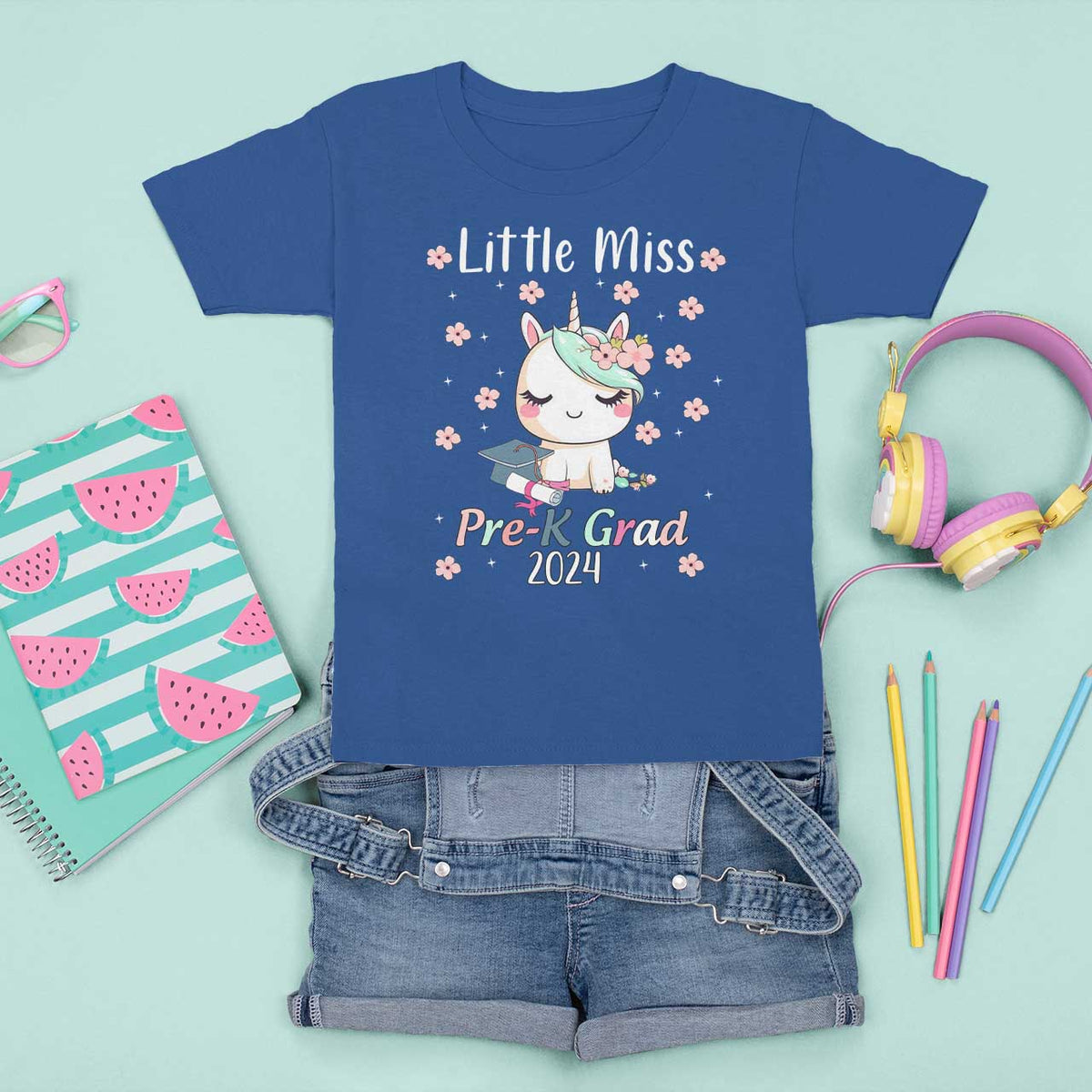 Pre-School Graduation T Shirt For Kid Little Miss Pre-K Grad 2024 Cute Unicorn - Wonder Print Shop