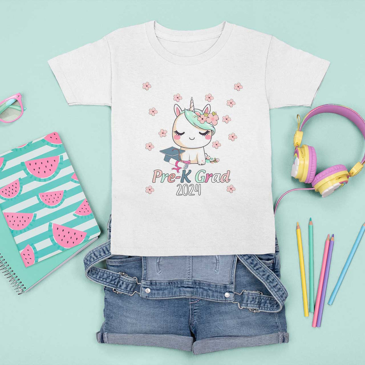 Pre-School Graduation T Shirt For Kid Little Miss Pre-K Grad 2024 Cute Unicorn - Wonder Print Shop