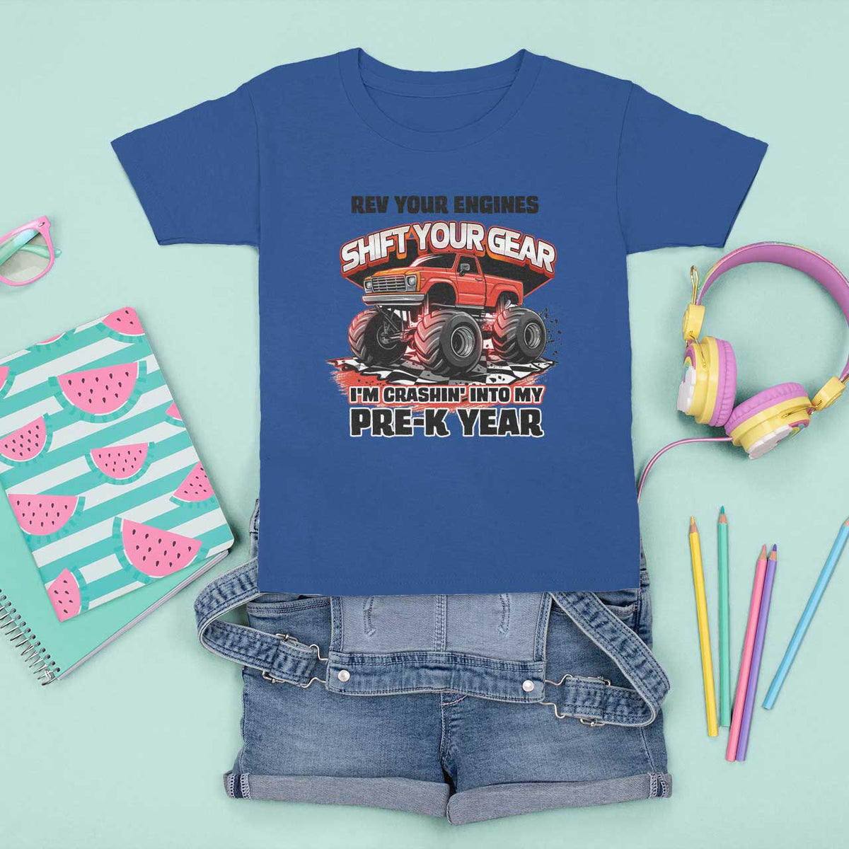 Pre-School Monster Truck T Shirt For Kid Rev Your Engines Shift Your Gear I'm Crashing Into My Pre-K Year - Wonder Print Shop