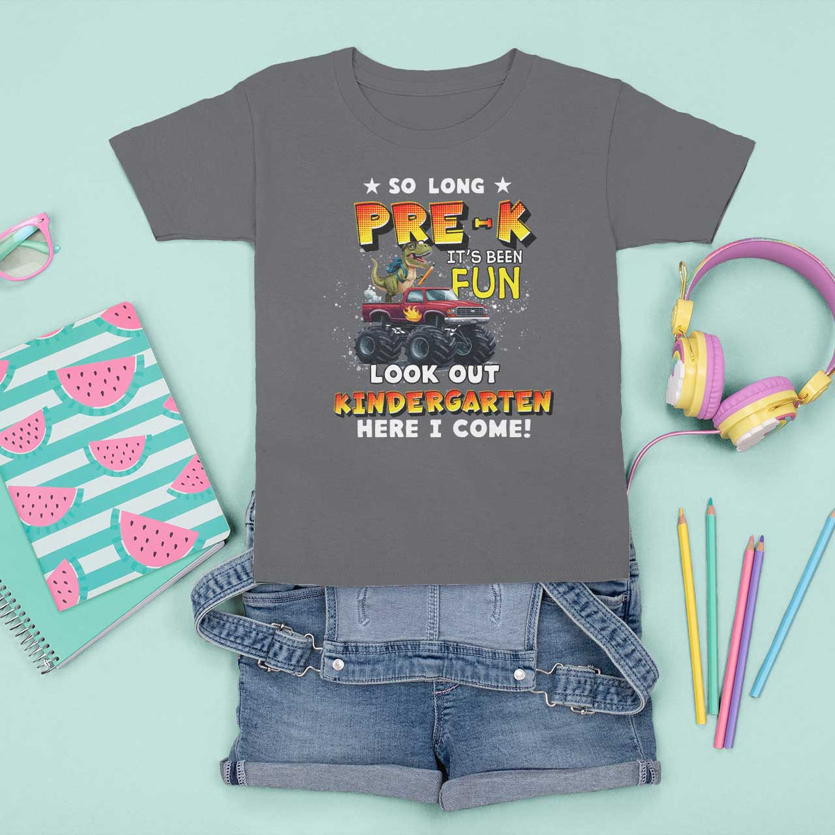 Pre-School Graduation T Shirt For Kid So Long Pre-K Look Out Kindergarten Here I Come Dinosaur Monster Truck - Wonder Print Shop
