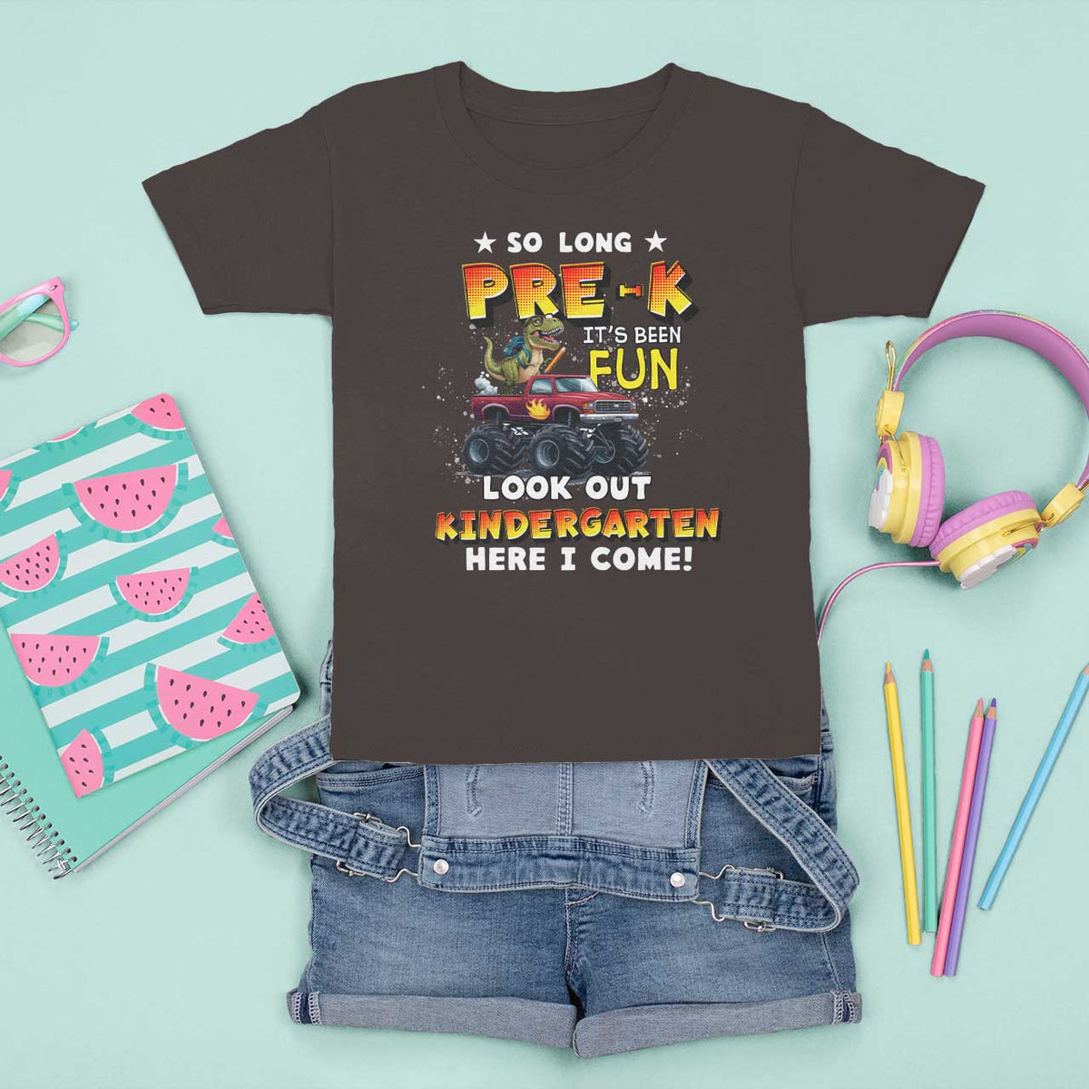 Pre-School Graduation T Shirt For Kid So Long Pre-K Look Out Kindergarten Here I Come Dinosaur Monster Truck - Wonder Print Shop