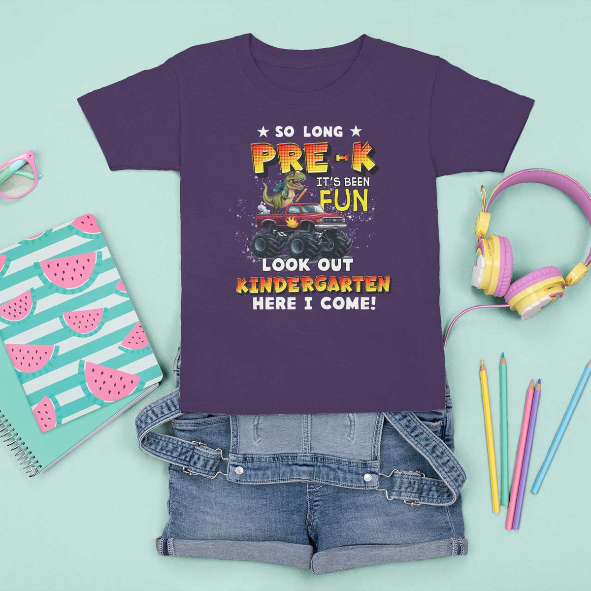 Pre-School Graduation T Shirt For Kid So Long Pre-K Look Out Kindergarten Here I Come Dinosaur Monster Truck - Wonder Print Shop
