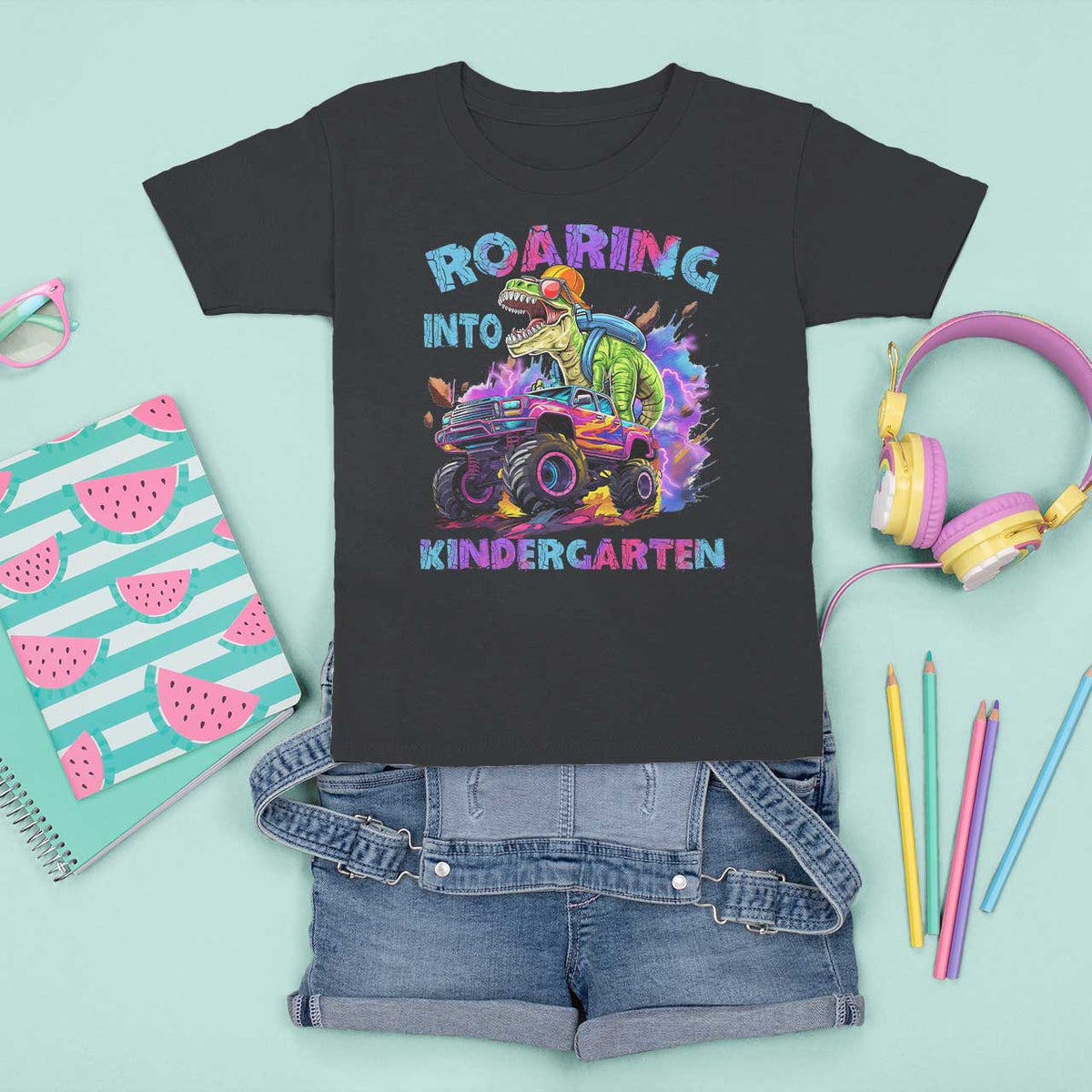 Roaring Into Kindergarten T Shirt For Kid Funny Dinosaur Monster Truck Back To School - Wonder Print Shop