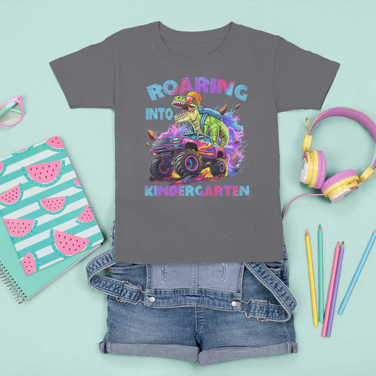 Roaring Into Kindergarten T Shirt For Kid Funny Dinosaur Monster Truck Back To School - Wonder Print Shop