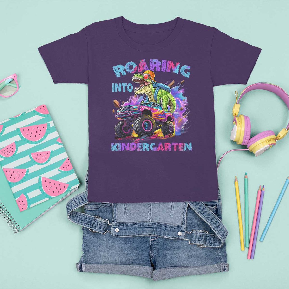 Roaring Into Kindergarten T Shirt For Kid Funny Dinosaur Monster Truck Back To School - Wonder Print Shop