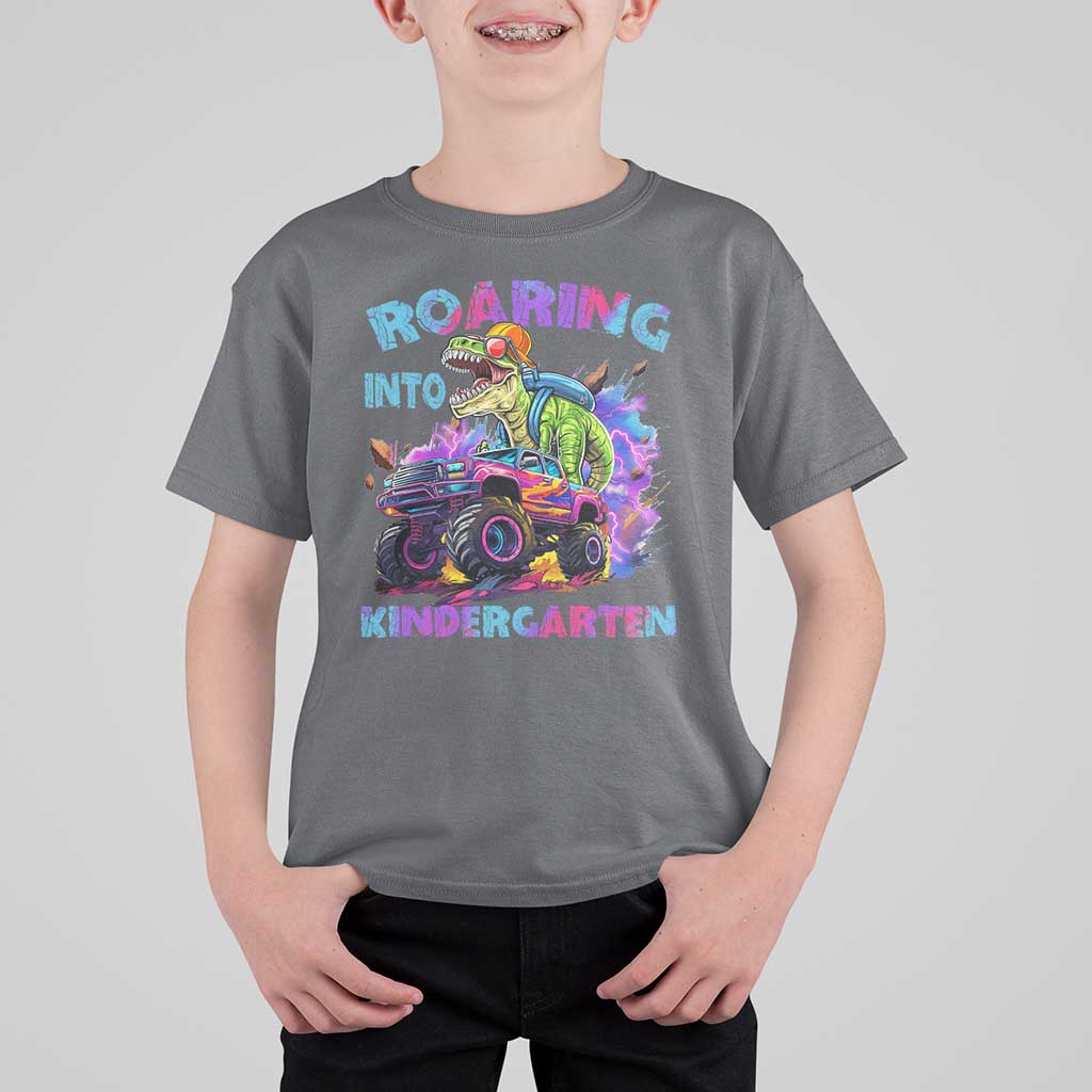 Roaring Into Kindergarten T Shirt For Kid Funny Dinosaur Monster Truck Back To School - Wonder Print Shop