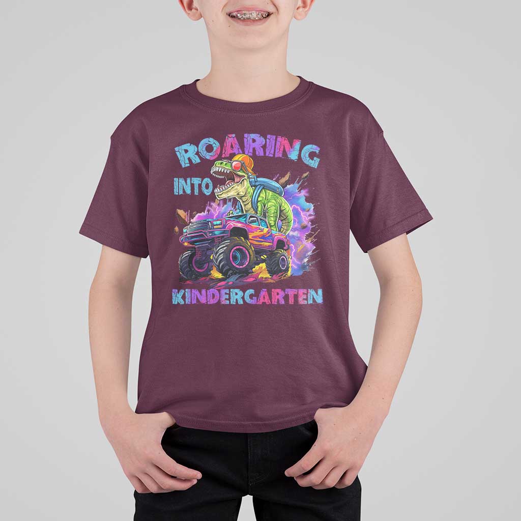 Roaring Into Kindergarten T Shirt For Kid Funny Dinosaur Monster Truck Back To School - Wonder Print Shop
