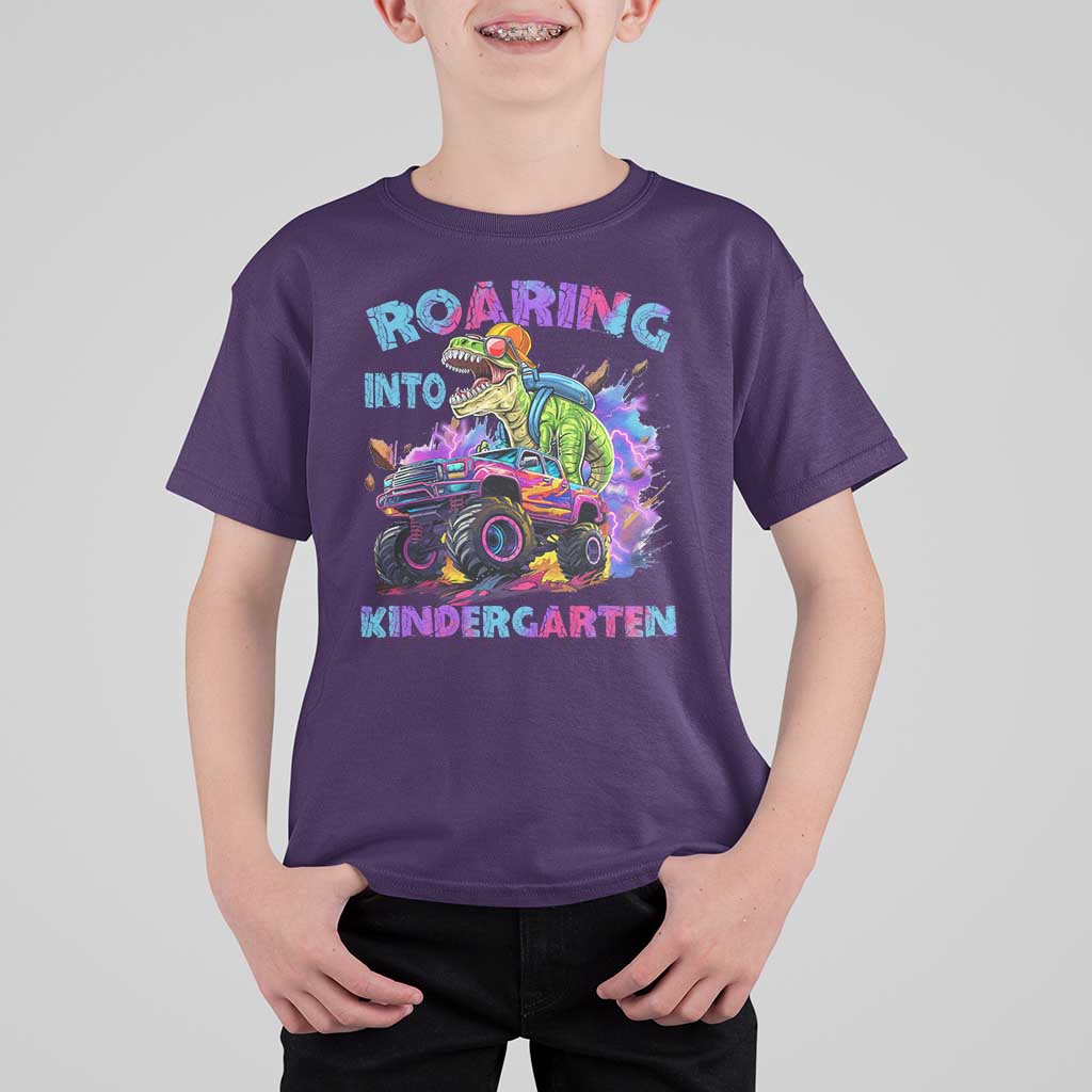 Roaring Into Kindergarten T Shirt For Kid Funny Dinosaur Monster Truck Back To School - Wonder Print Shop