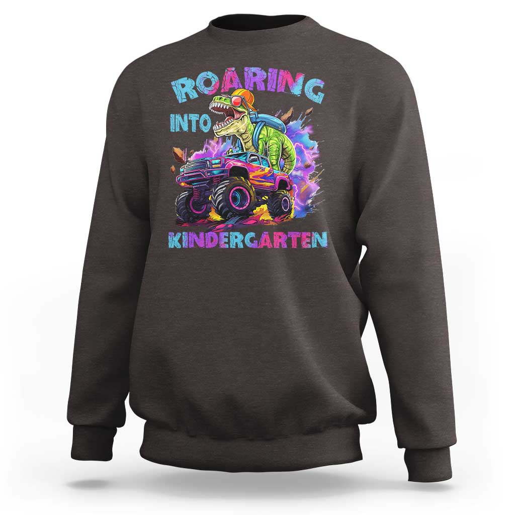 Roaring Into Kindergarten Sweatshirt Funny Dinosaur Monster Truck Back To School - Wonder Print Shop