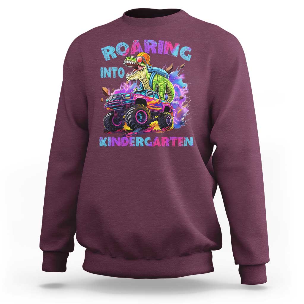 Roaring Into Kindergarten Sweatshirt Funny Dinosaur Monster Truck Back To School - Wonder Print Shop