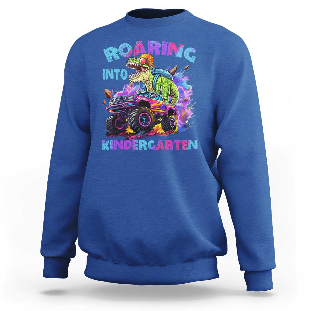 Roaring Into Kindergarten Sweatshirt Funny Dinosaur Monster Truck Back To School - Wonder Print Shop