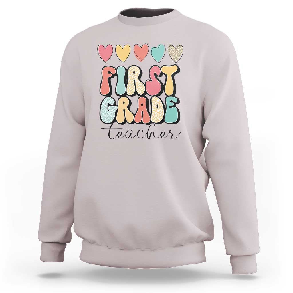 First Grade Teacher Leopard Heart Retro Groovy Sweatshirt - Wonder Print Shop