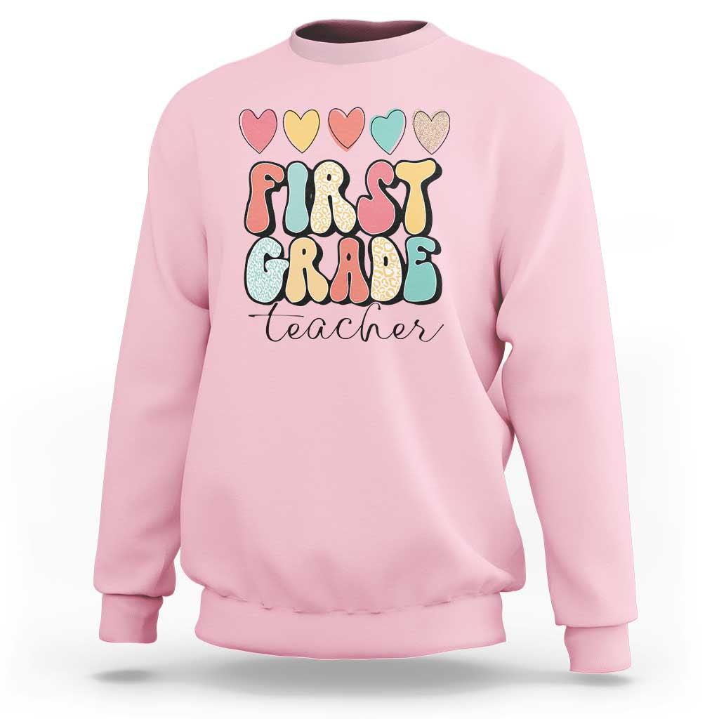 First Grade Teacher Leopard Heart Retro Groovy Sweatshirt - Wonder Print Shop