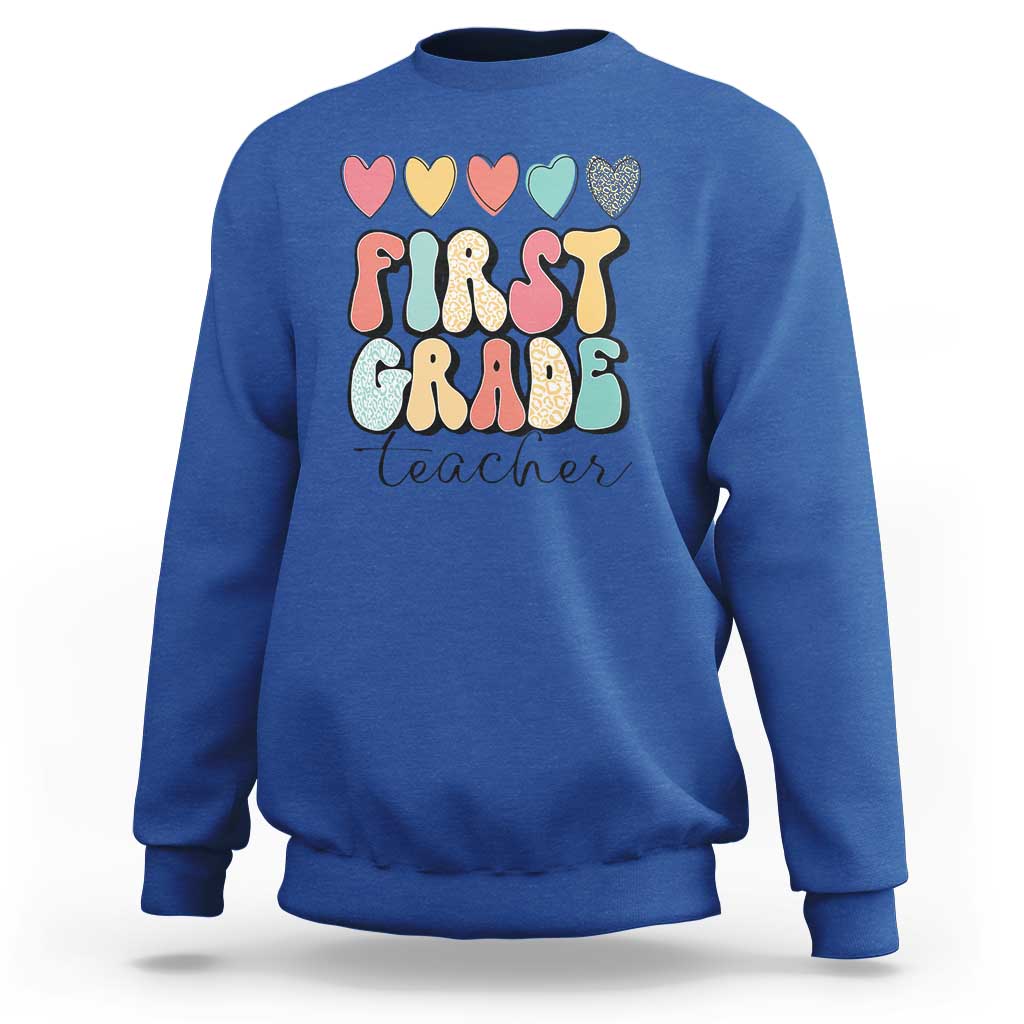 First Grade Teacher Leopard Heart Retro Groovy Sweatshirt - Wonder Print Shop