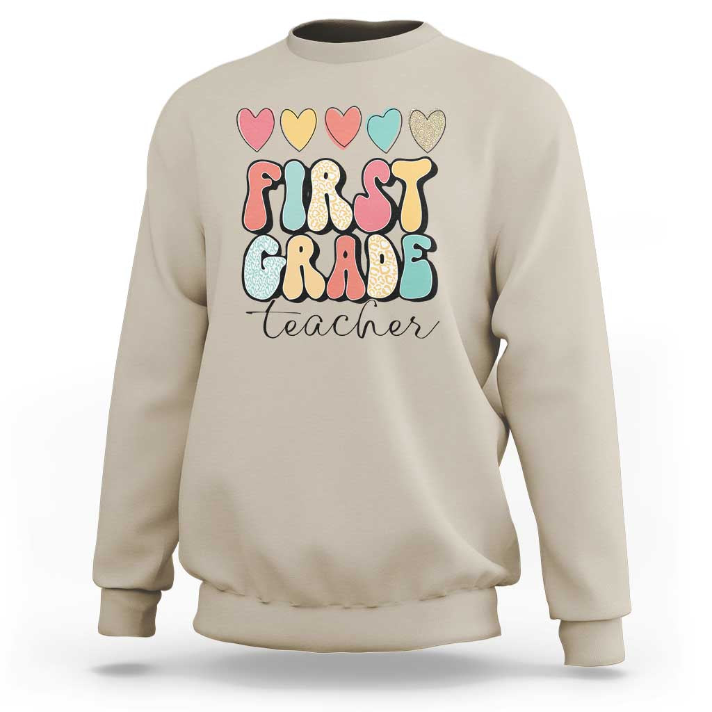 First Grade Teacher Leopard Heart Retro Groovy Sweatshirt - Wonder Print Shop