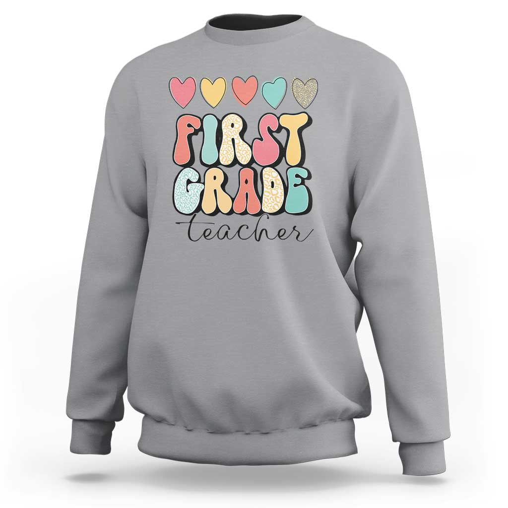First Grade Teacher Leopard Heart Retro Groovy Sweatshirt - Wonder Print Shop