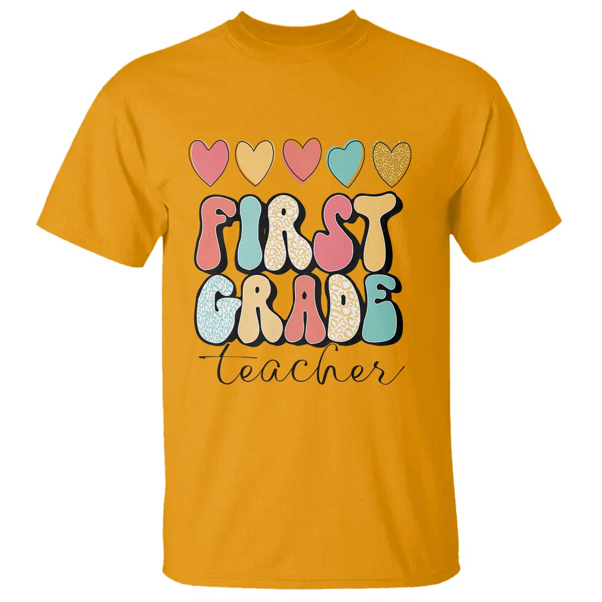 First Grade Teacher Leopard Heart Retro Groovy T Shirt - Wonder Print Shop