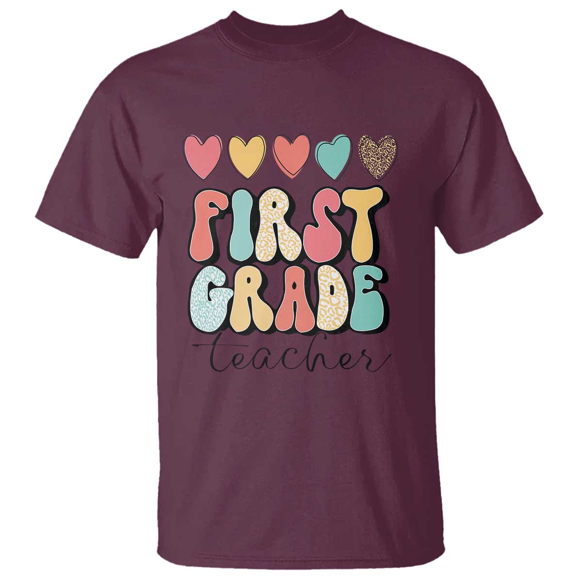 First Grade Teacher Leopard Heart Retro Groovy T Shirt - Wonder Print Shop
