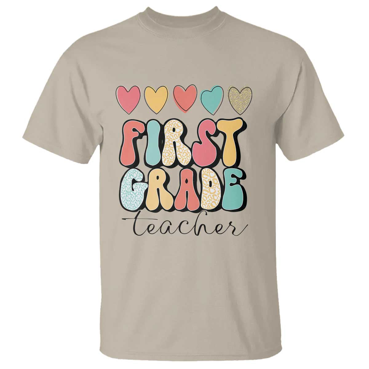 First Grade Teacher Leopard Heart Retro Groovy T Shirt - Wonder Print Shop