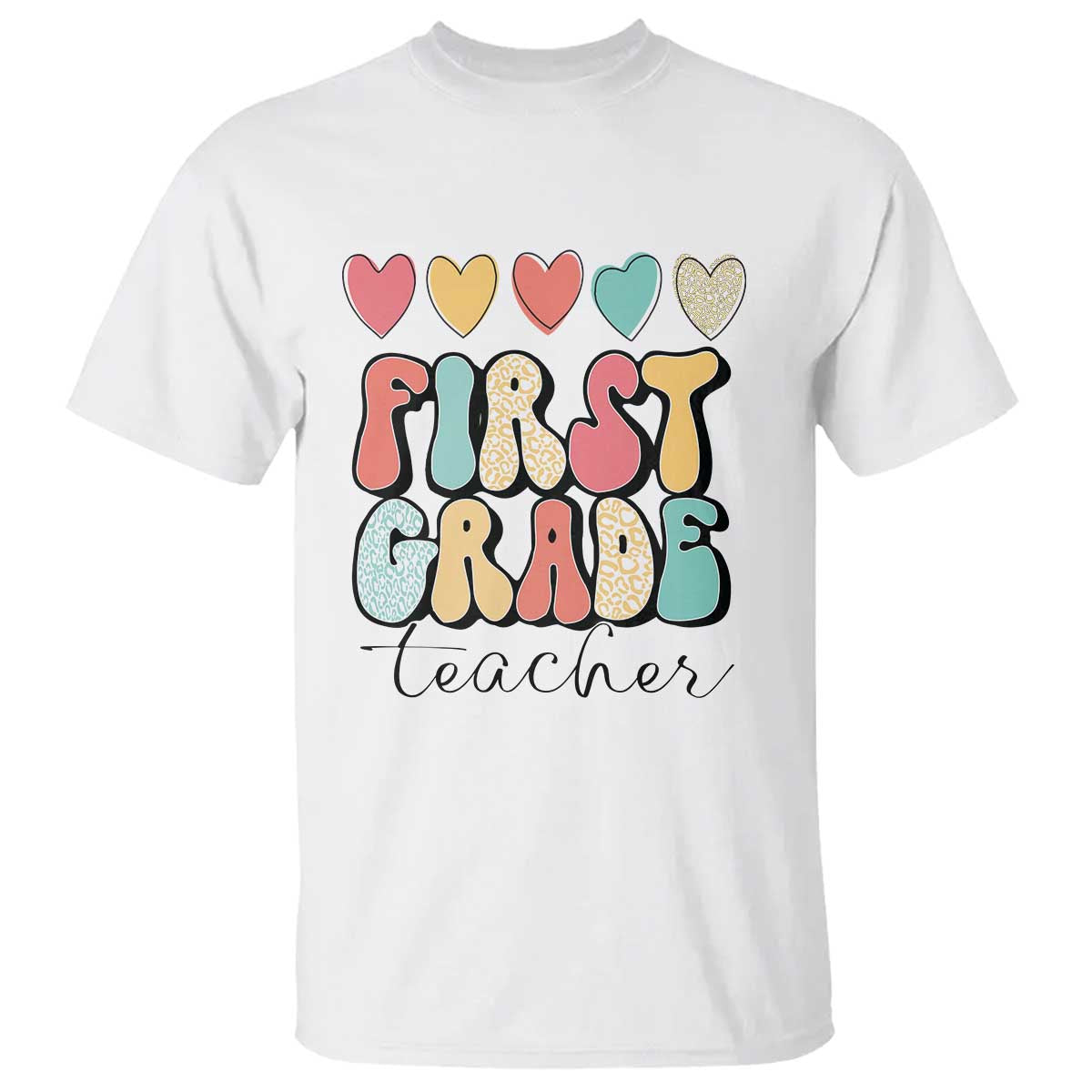 First Grade Teacher Leopard Heart Retro Groovy T Shirt - Wonder Print Shop
