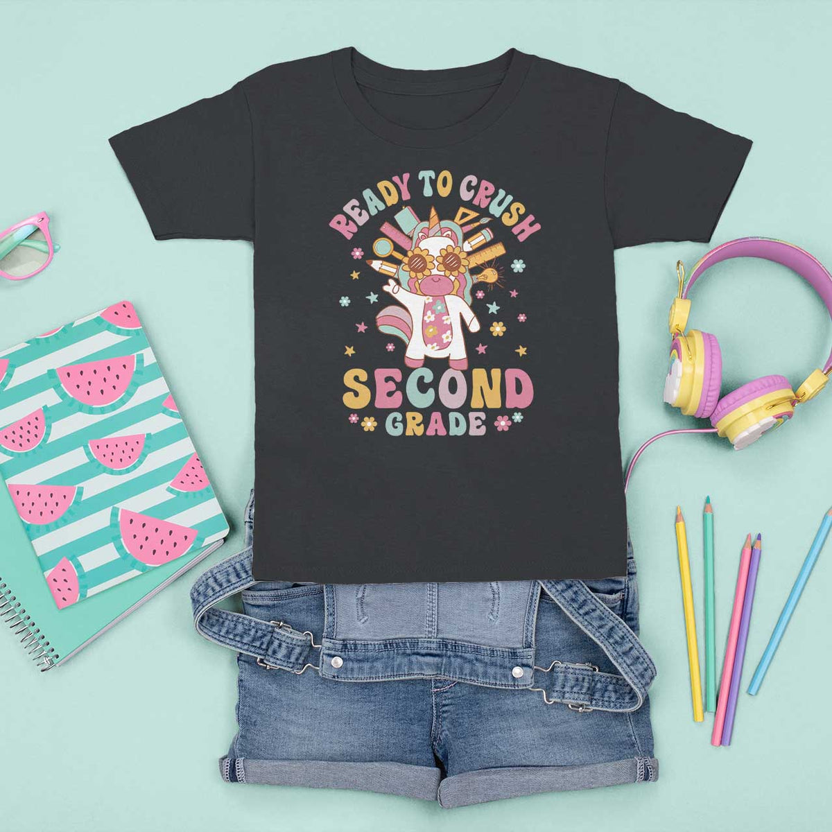 Funny Back To School Unicorn T Shirt For Kid Ready To Crush Second Grade Retro Groovy - Wonder Print Shop