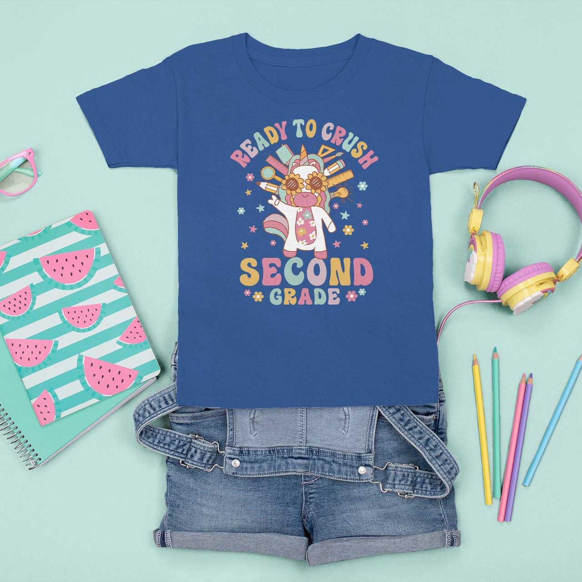 Funny Back To School Unicorn T Shirt For Kid Ready To Crush Second Grade Retro Groovy - Wonder Print Shop