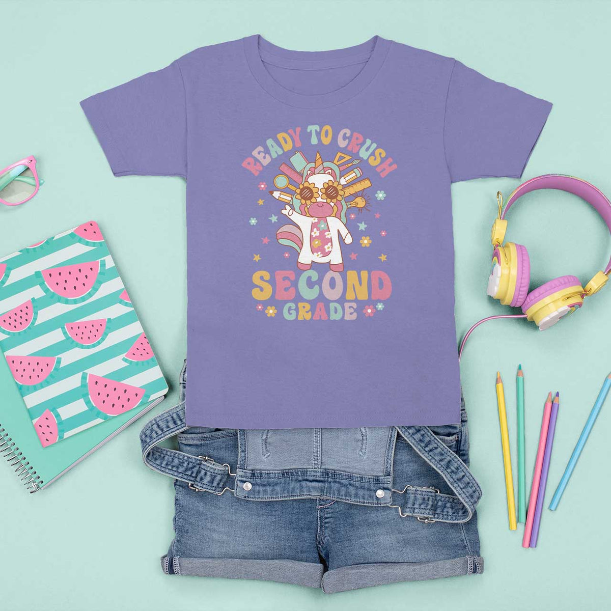 Funny Back To School Unicorn T Shirt For Kid Ready To Crush Second Grade Retro Groovy - Wonder Print Shop