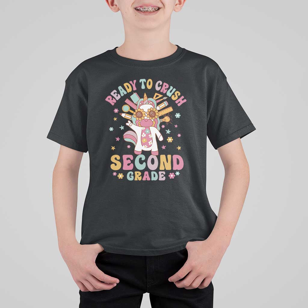 Funny Back To School Unicorn T Shirt For Kid Ready To Crush Second Grade Retro Groovy - Wonder Print Shop