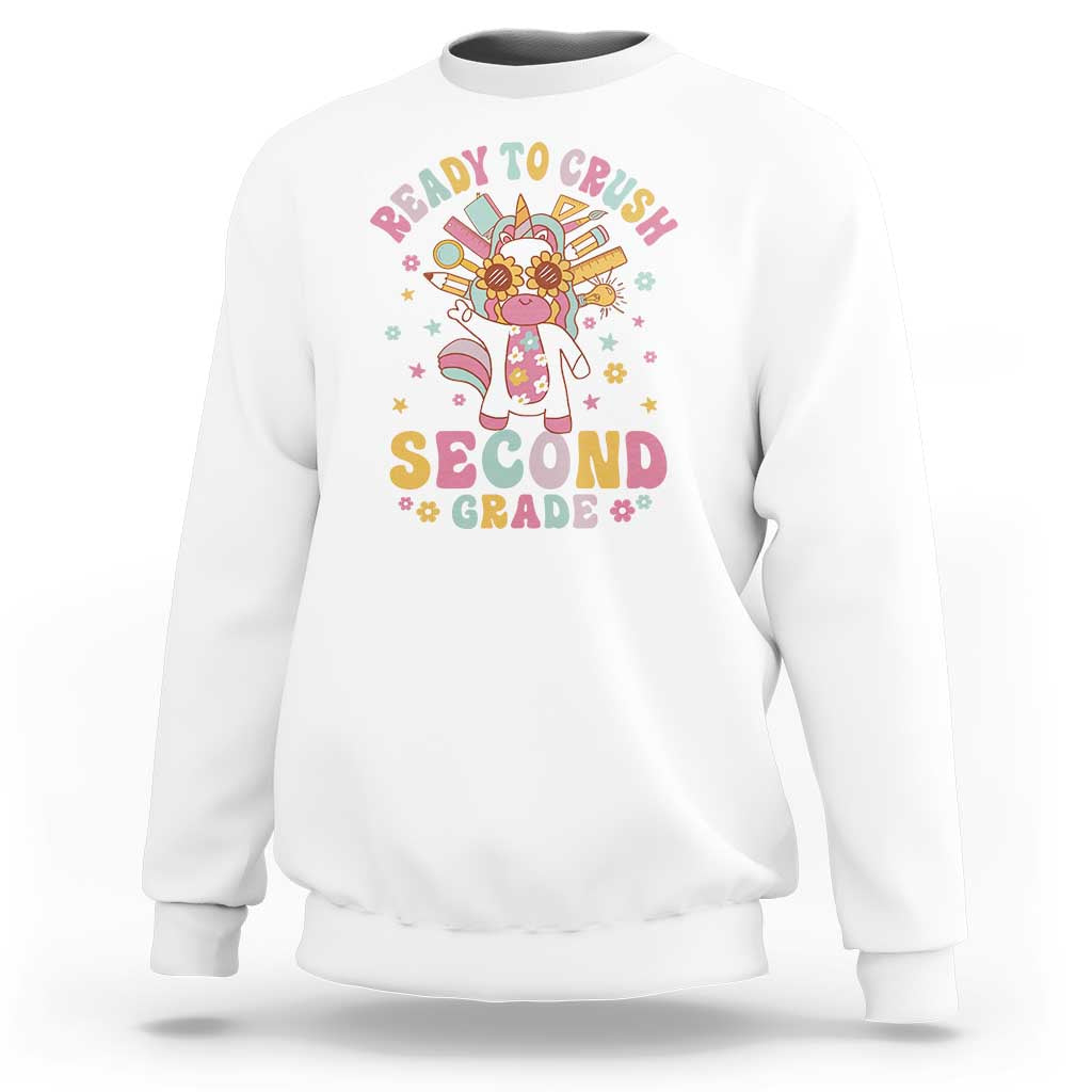Funny Back To School Unicorn Sweatshirt Ready To Crush Second Grade Retro Groovy - Wonder Print Shop