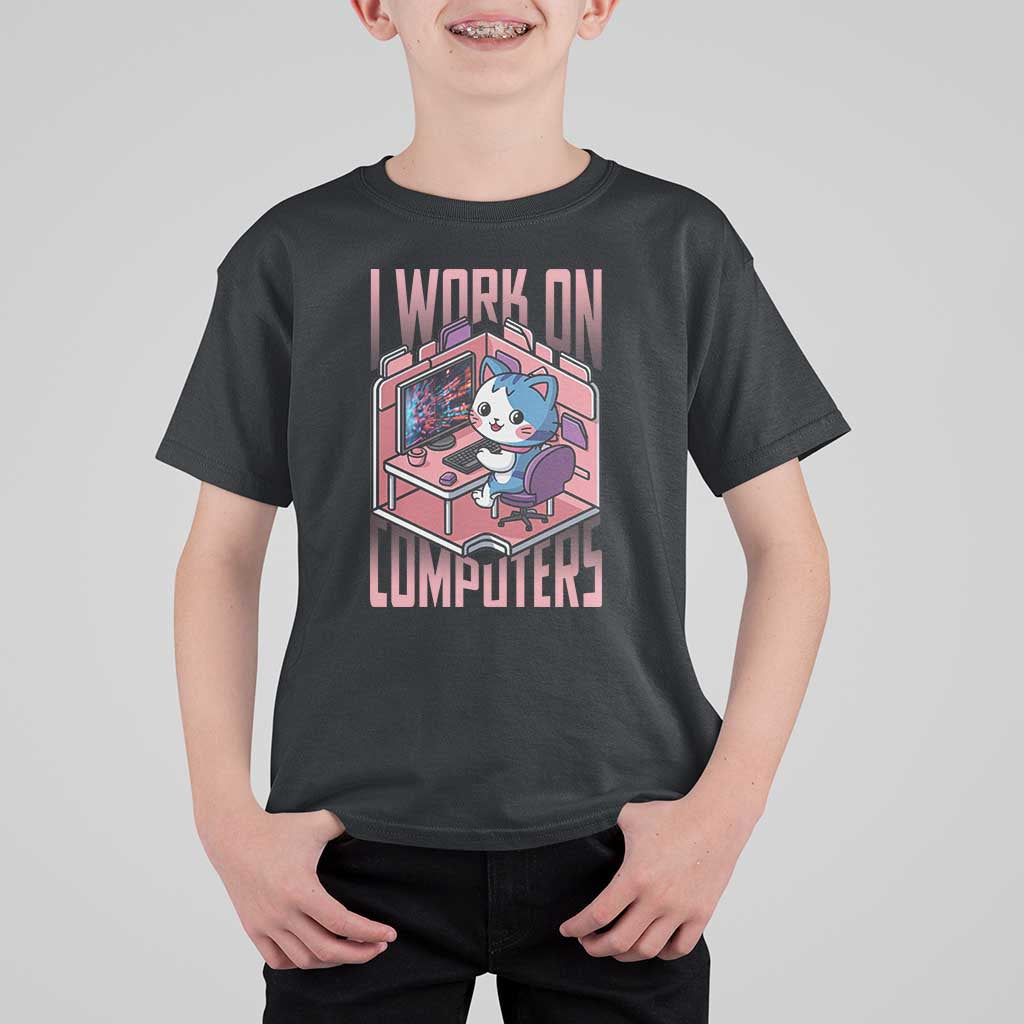 Funny Programmer T Shirt For Kid I Work On Computers Japan Anime Cat